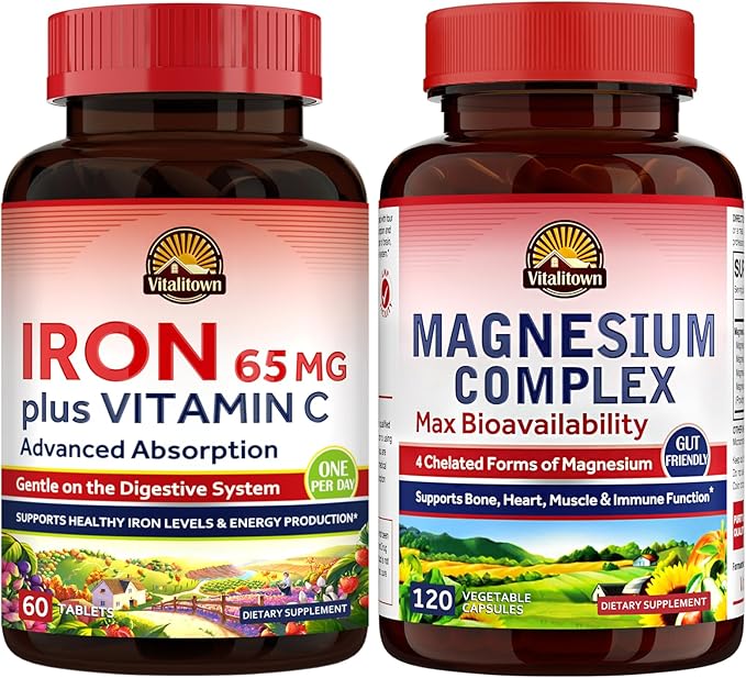 Vitalitown Magnesium Complex Supplement 500mg &amp 65mg Iron Supplement for Women Men for Sleep Muscle Blood Building &amp Energy Improvement