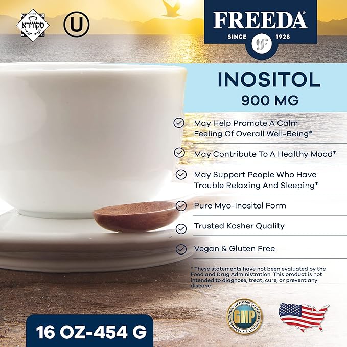 FREEDA Pure Myo-Inositol Powder – Vitamin B8 for Hormone Mood &amp Cellular Health – Supports Fertility Focus Energy &amp Nervous System Function – Kosher Vegan Non-GMO Gluten-Free (16 oz)