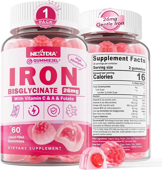 Iron Bisglycinate 26mg Filled Gummies - Gentle Beet Root Iron Gummy plus Vitamin C Supplement Iron with B12 &amp Folate for Women &amp Men Iron Deficiency Immune &amp Energy Support Sugar-Free