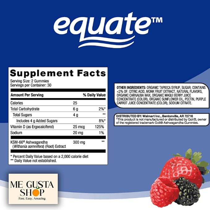 Equate Ashwagandha Vegetarian Gummy Supplement 60 Count + me Gusta stickes