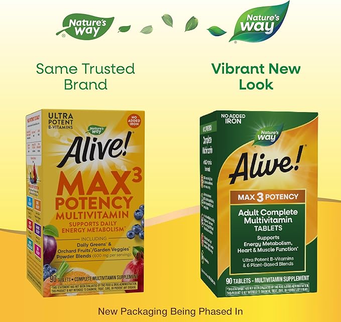 Nature's Way Alive! Max3 Potency Adult Complete Multivitamin High Potency B-Vitamins to Support Cellular Energy Metabolism* Multivitamin with Methylated B12 &amp Folate No Added Iron 90 Tablets