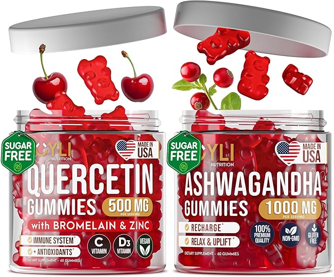 JOYLI Ashwagandha &amp Quercetin Gummies Bundle – Sugar-Free Vegan Gummies for Focus Sleep &amp Immune Support – 1000MG Ashwagandha &amp 500MG Quercetin with Bromelain Zinc Vitamin C D – 2x60 C