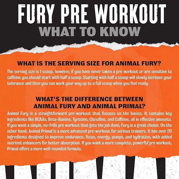 Animal Fury - Pre Workout Powder Supplement for Energy and Focus - 5g BCAA 350mg Caffeine Nitric Oxide Without Creatine - Powerful Stimulant for Bodybuilders - Blue Raspberry