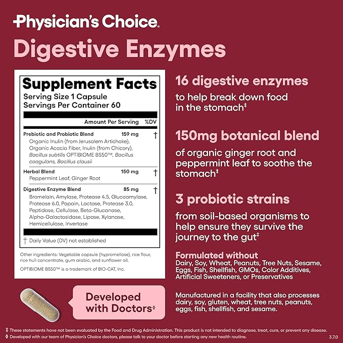 Physician's CHOICE - Full Gut Health Bundle: Collagen Peptides Powder + Digestive Enzymes 60ct for Digestive Comfort Workout Recovery &amp Skin Nails and Joint Support