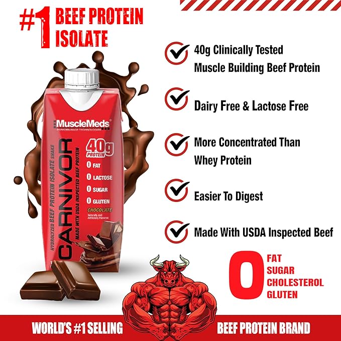 MuscleMeds Carnivor RTD Ready to Drink Protein Lactose Free Sugar Free 40g Isolate Protein Muscle Building Recovery Chocolate 16.9 Fl Oz (Pack of 12)