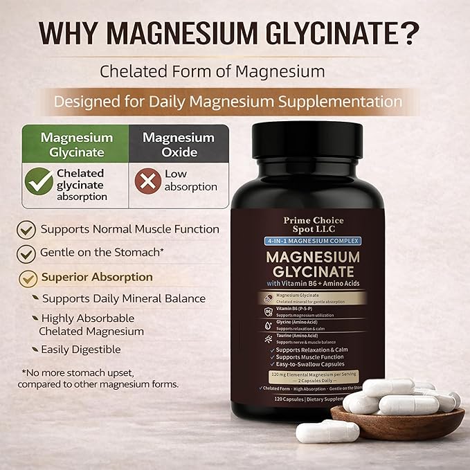 Magnesium Glycinate 120 mg Capsules with Glycine Taurine &amp Vitamin B6 (P-5-P) – Chelated Magnesium Supplement – 120 Capsules