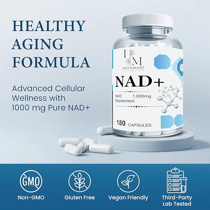 INSTAMART NAD Supplements for Women &amp Men (180 Capsules) Organic NAD + Supplement 1000mg Serving | Similar to Nicotinamide Riboside | Advanced Formula for Cellular Health Stamina &amp Healthy Ag