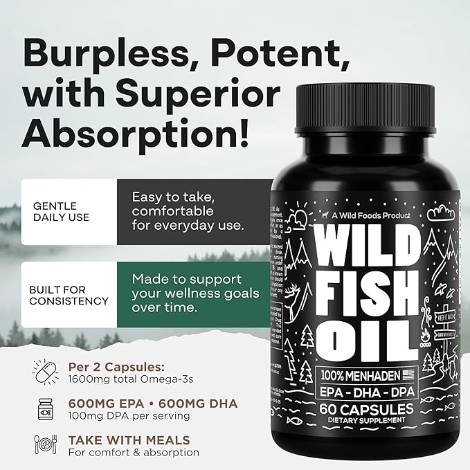 Wild Foods Fish Oil Omega 3 Supplements | 1600 mg | Highly-Potent: DPA DHA EPA | Burpless Odorless Non-GMO Gluten Free | For Brain &amp Heart Health Joint Support | 60 Capsules (1 pk) | 30 Serv