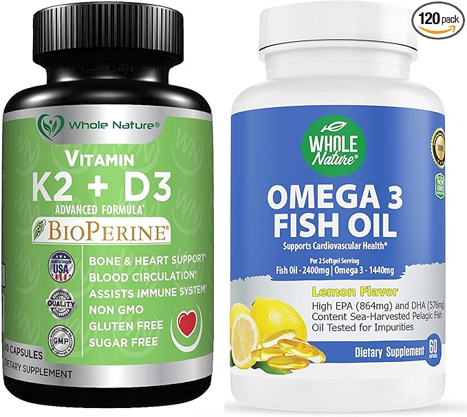 K2+D3 with Bioperine Plus Calcium Omega 3 Fish Oil are Most Effective Together to Support Heart &amp Bone Health Joints and Brain