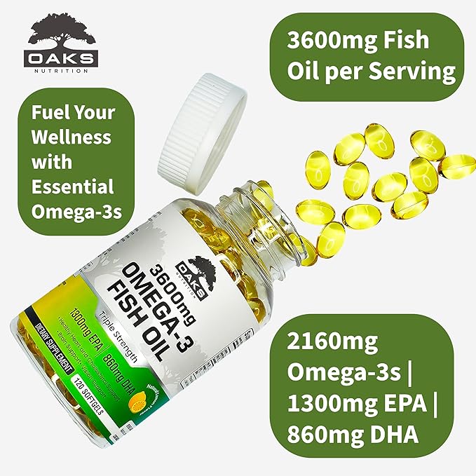 Omega 3 Fish Oil 3600mg | Triple Strength Burpless Softgels | 2160mg Omega-3s with 1300mg EPA &amp 860mg DHA | Ultra Purified Wild Caught Lemon Flavor 120 Softgels 60 Day Supply