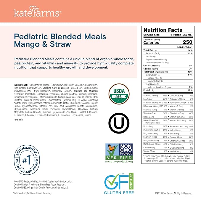 KATE FARMS Organic Pediatric Blended Meal Mango and Strawberry 8g protein organic whole foods oral or tube feed nutrition Gluten Free Non-GMO 8.45 oz (12 Pack)