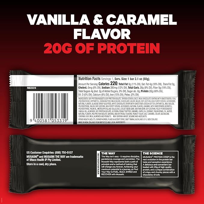 MUSASHI Protein Crisp Bar 20g Protein 4g Total Sugars Vanilla &amp Caramel Post Workout and Snack On The Go 12 Pack of 2.1oz (60g) Bars