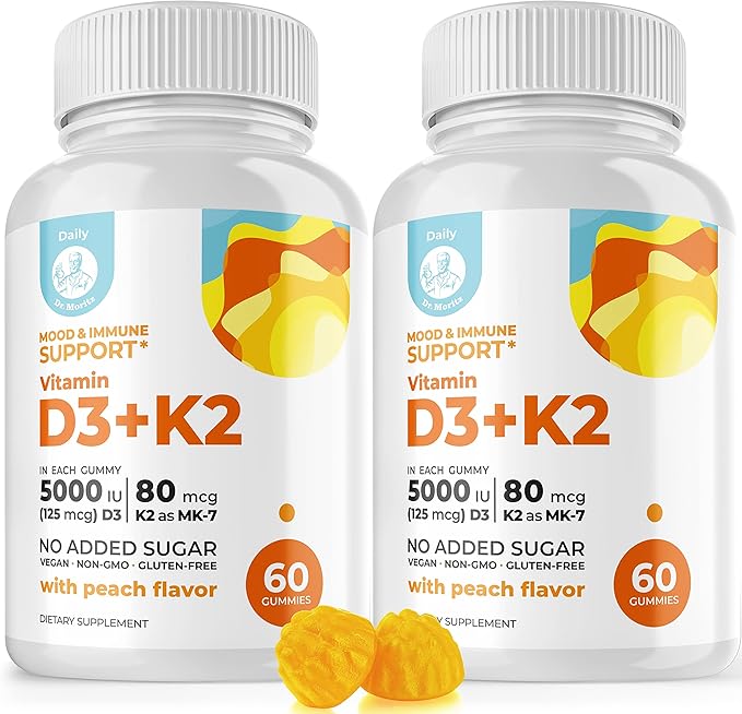 DR. MORITZ Vitamin D3 Gummies (5000 IU) with K2 - for Adults and Kids - Vitamin D3 K2 Gummies for Immune Support &amp Bone Health - Vegan Sugar Free Gluten Free (120 Count)