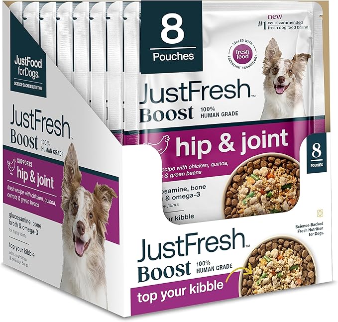 JustFoodForDogs JustFresh Boosts Hip &amp Joint Support Dog Food Toppers with Glucosamine to Support Hip Mobility &amp Joint Flexibility Human-Grade Fresh Pet Meal Booster 8 oz Pouches - 8 Pack