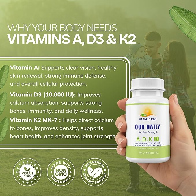 Daily Vites ADK 10 - ADK Vitamin Supplement - High Potency Vitamin A D3 10000 IU &amp K2 (MK-7) - Physician Formulated for Bone Heart &amp Immune Support - Non-GMO Gluten Free - 90 CT (3-Month S