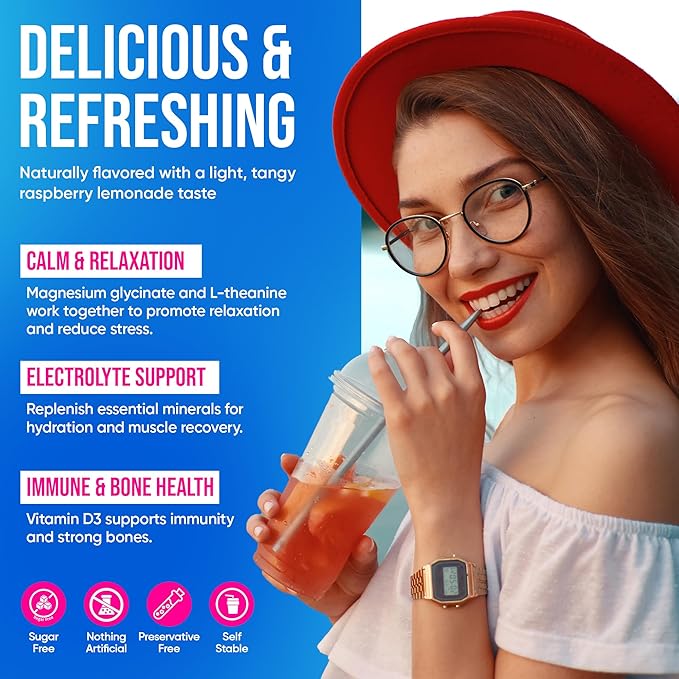 VITAMUSE Adaptogenic Magnesium Drink Mix Raspberry Lemonade Flavor 20 Packets with Ashwagandha L-Theanine Vitamin D3