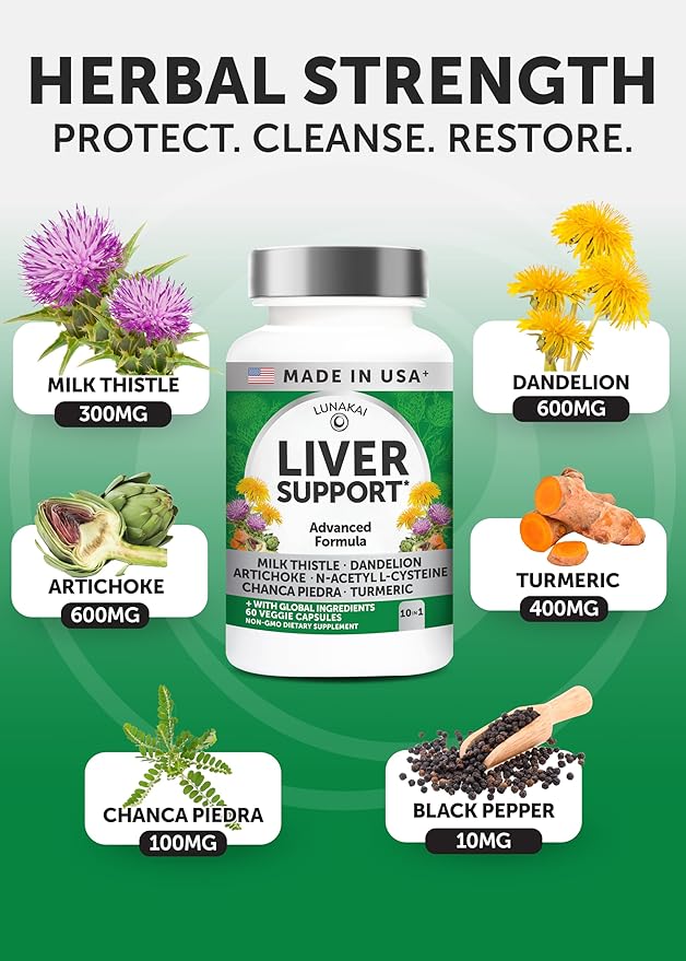 Lunakai USA Made Liver Cleanse Detox &amp Repair - 10-in-1 with Milk Thistle &amp NAC – Liver Support Supplement Capsules for Men &amp Women Daily Health Non-GMO 60ct