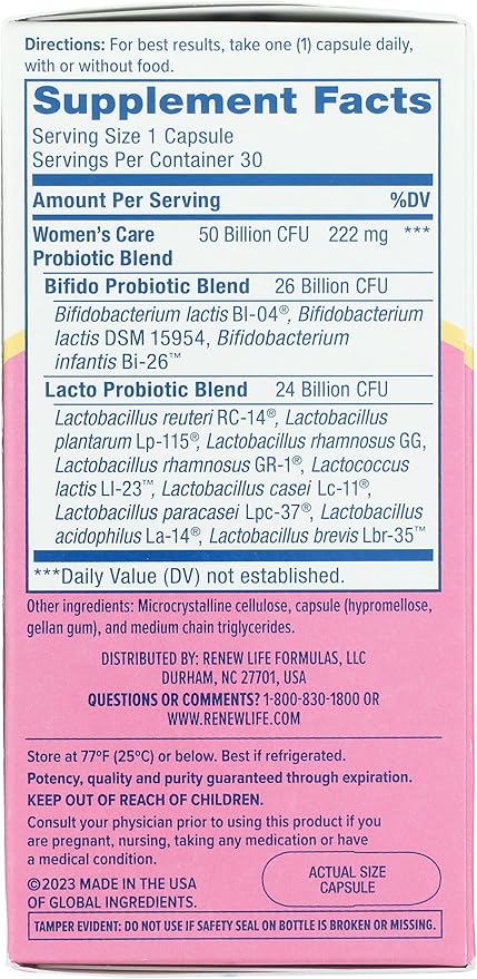 Renew Life Women's Probiotic Capsules 50 Billion CFU Guaranteed Supports pH Balance Vaginal Urinary Digestive and Immune Health(2) L. Rhamnosus GG Dairy Soy and Gluten-Free 30 Count