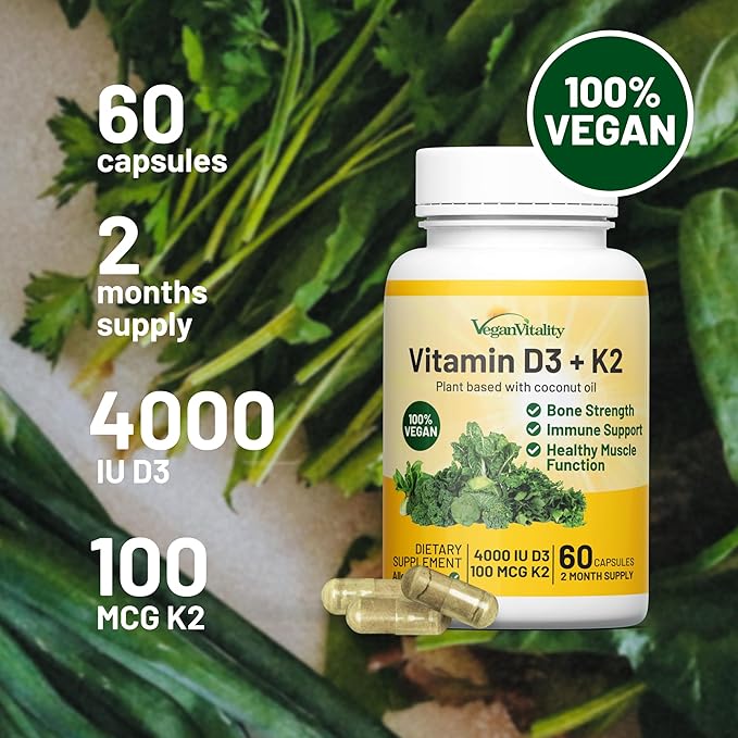 Vegan Vitality Brain &amp Body Balance Bundle: 120 Lions Mane Mushroom Nootropic Brain Support Supplement and 60 Vegan Vitamin D3 + K2 4000IU (100mcg)