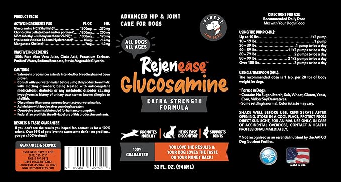 Liquid Glucosamine for Dogs with Chondroitin MSM &amp Hyaluronic Acid (32oz). Hip &amp Joint Supplement Supports Better Mobility &amp Promotes New Cartilage. Eases Joint Stiffness. Rejenease Made