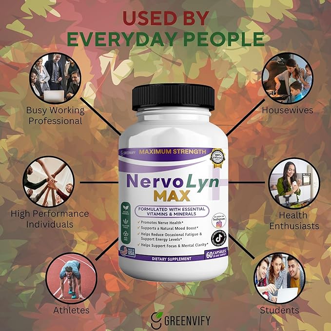 NervoLyn Max Maximum Strength Nerve Support Supplement 60 Capsules with Vitamin B Complex Vegan Gluten Free Non-GMO 30 Day Supply (1)