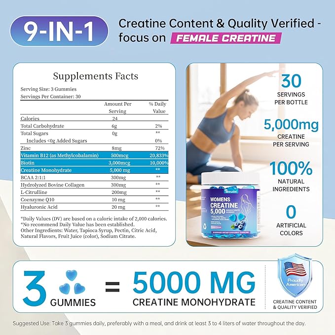 Creatine Gummies for Women – Blueberry Flavor 5g Creatine Monohydrate per Serving Pre Workout Creatine Chews with Collagen BCAA for Muscle Growth Strength &amp Energy Support – 90 Gummies Sugar