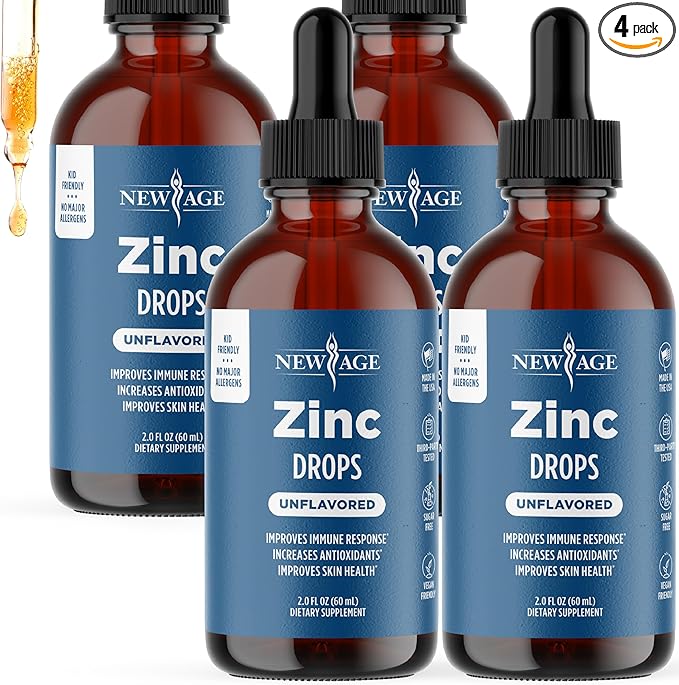 Liquid Zinc Drops for All Ages by NEW AGE - Zinc Sulfate for Immune Support Vegan Non-GMO &amp Gluten Free 120 Day Supply 4-Pack
