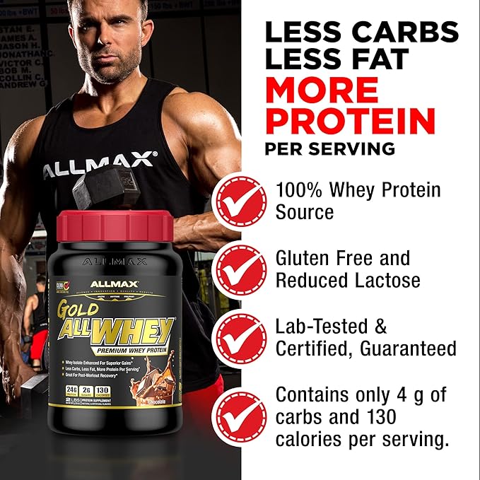 ALLMAX Nutrition Gold ALLWHEY Strawberry - 2 lb - 24 Grams of Protein Per Scoop - Gluten Free Low Carb &amp Low Sugar - Approx. 30 Servings