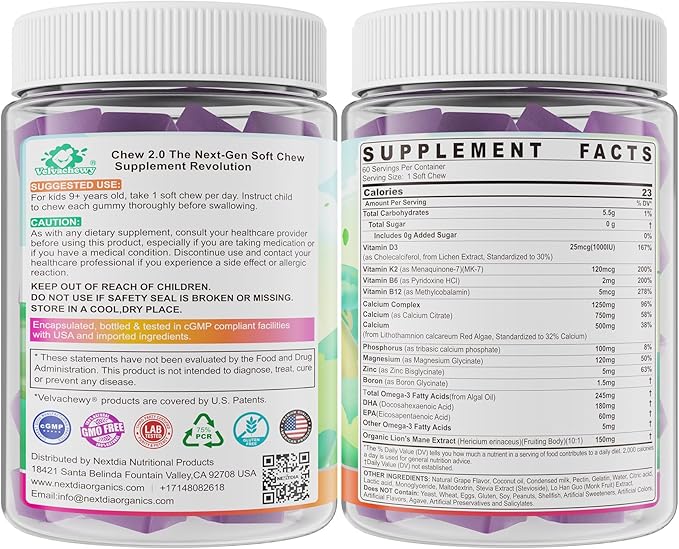 Kids Calcium Soft Chews + D3 &amp K2 for 9+ Calcium Gummies with Calcium Citrate &amp Red Algae Calcium Lion's Mane Omega-3 Magnesium for Bone Health Teeth Energy Brain &amp Mṍṍd Support 60