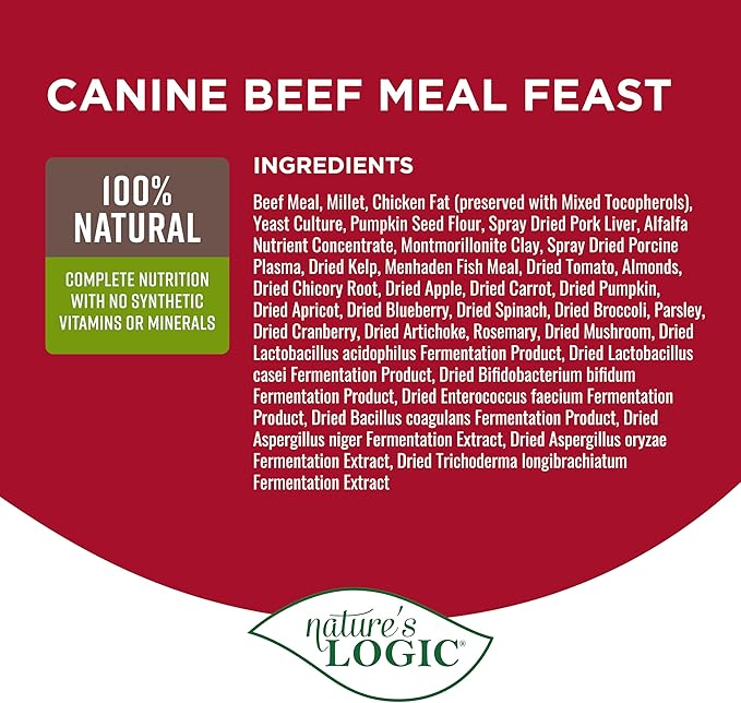 Nature's Logic Dry Dog Food - 100% Natural - No Synthetics - For All Ages Sizes Breeds - Free From Common Allergens High Protein - Beef Meal Feast 4.4lbs