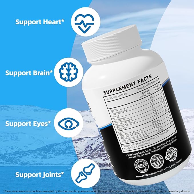 Fish Oil Omega 3 （4000mg） 180 SoftgelsOmega 3 Fatty Acid Supplements with EPA &amp DHA for Brain &amp Heart Health*