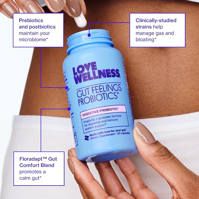 Love Wellness Gut Feelings Probiotic | Gut Health for Women Digestion Relief &amp Immune Support Supplement | Womens Probiotic for Gas Relief | 3 Billion CFU | Safe Prebiotic and Postbiotic | 30 Cou