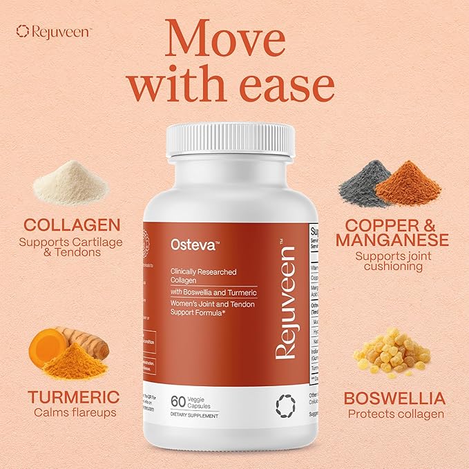 Osteva Joint Support Supplement for Women | High Potency Collagen Turmeric Boswellia | for Flexible Cartilage &amp Tendons Resilient Knees &amp Hip Improved Mobility | Non-GMO 60 Ct