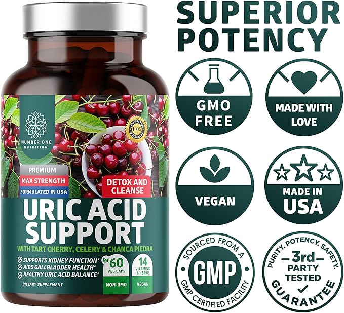 N1N Premium Uric Acid Support Supplement [14X Potent Herbs] All Natural Kidney and Uric Acid Cleanse with Tart Cherry Milk Thistle Cranberry Celery Chanca Piedra 60 Veg Caps (Pack of 2)