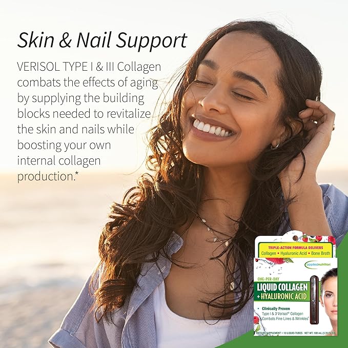 Applied Nutrition Liquid Collagen + Hyaluronic Acid - 10 Liquid Tubes Pack of 2 - Skin &amp Nail Restoration - Mixed Berry Flavor - 20 Servings
