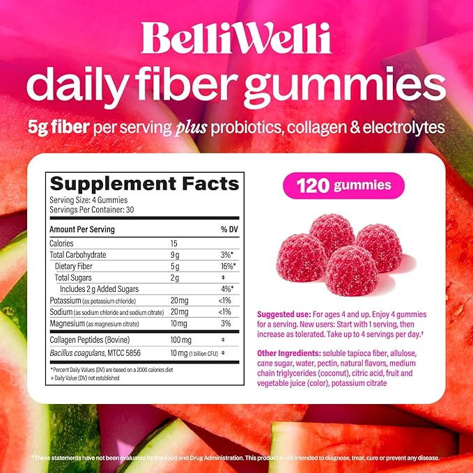 Belli Welli Fiber 4-in-1 Fiber Gummies Supplement with Added Probiotics Collagen and Electrolytes for Regularity and Bloat Relief Watermelon 120 Count