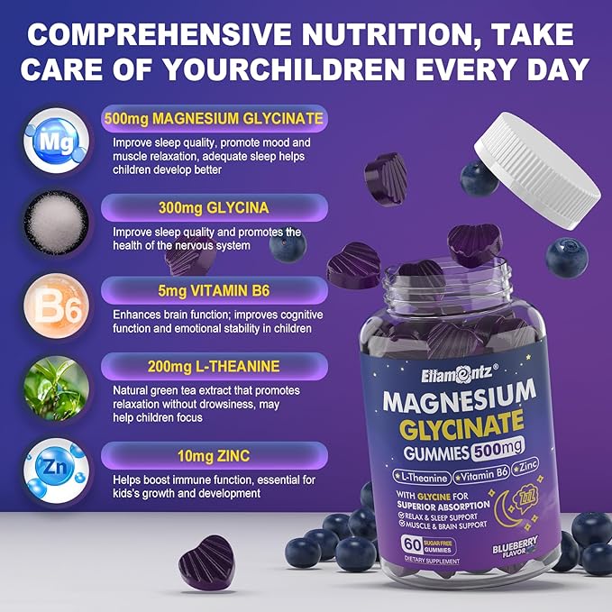 Magnesium Glycinate Gummies for Kids 6+ &amp Adults Kids Magnesium Sleep Aid Gummies 500mg/250mg with L Theanine B6 Glycine Zinc for Sleep Calm Relax Brain Muscle Melotonin Free Sugar Free