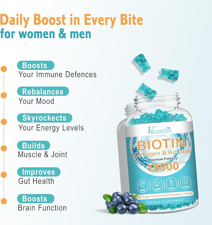 Biotin with Collagen Gummies Hair Skin and Nails Vitamins Gummies for Hair Growth Glowing Skin &amp Strong Nails - Blueberry Flavor Sugar Free 120 Count