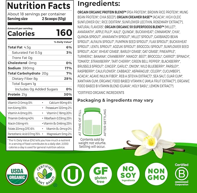 Orgain Organic Vegan Protein + 50 Superfoods Powder Vanilla Bean - 21g Plant Based Protein 8g Prebiotic Fiber No Lactose Ingredients Gluten Free No Added Sugar Non-GMO 2.02 lb