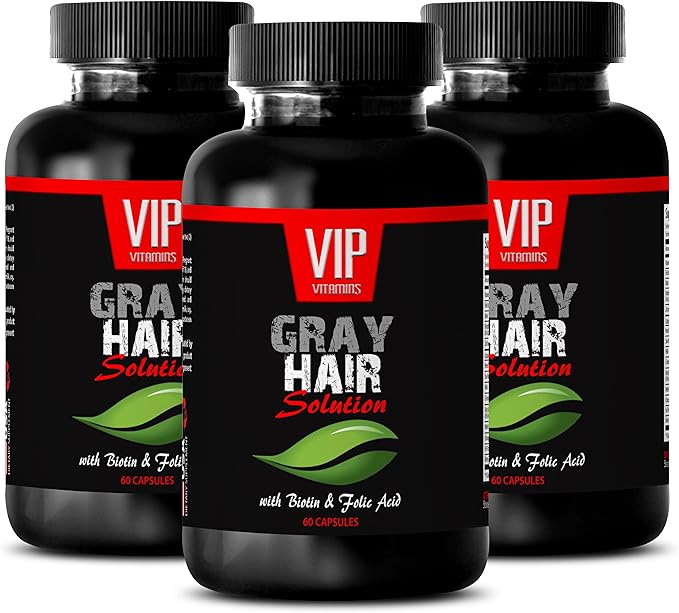 VIP VITAMINS Energy Pills - Gray Hair Solution - with BIOTIN &amp FOLIC Acid - zinc Oxide - 3 Bottles (180 Capsules)