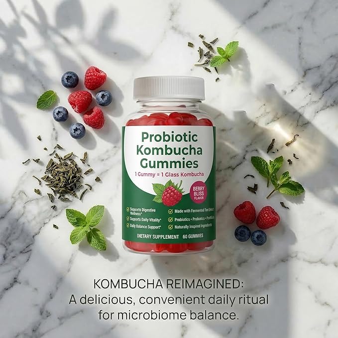 Kombucha Probiotic Gummies with Prebiotics &amp Postbiotics for On-the-Go Gut Balance Kombucha Inspired Digestive Support Berry Flavor 60 Gummies