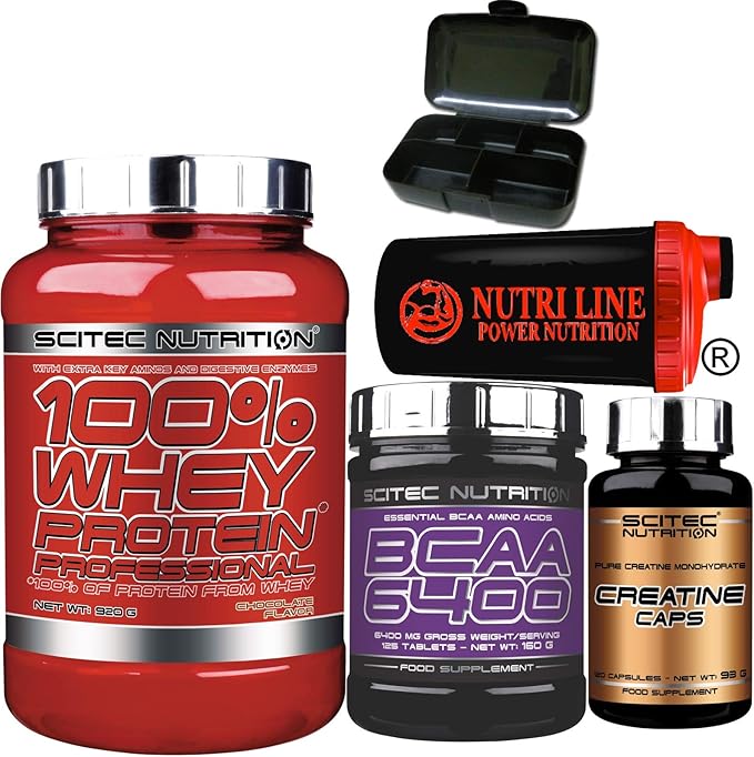 Scitec Nutrition 100% Whey Protein Professional 920 gr Proteine siero del Latte con 125 Bcaa 6400 125 compresse 120 Capsule creatina Shaker Nutriline e Portapillole (Cioccolato E Cocco) *#