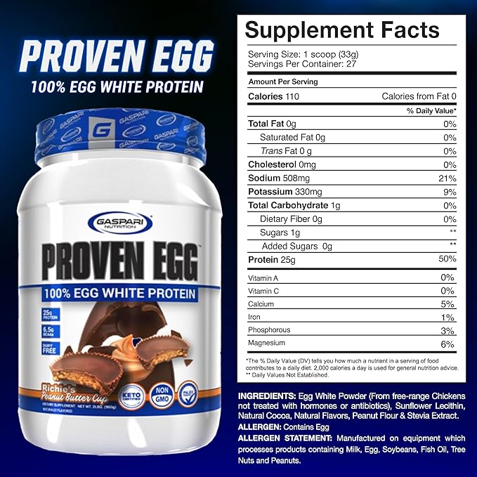 Gaspari Nutrition Proven Egg 100% Egg White Protein 25g Protein Keto Friendly Dairy and Lactose Free Soy Free (2 lbs Peanut Butter Cup)