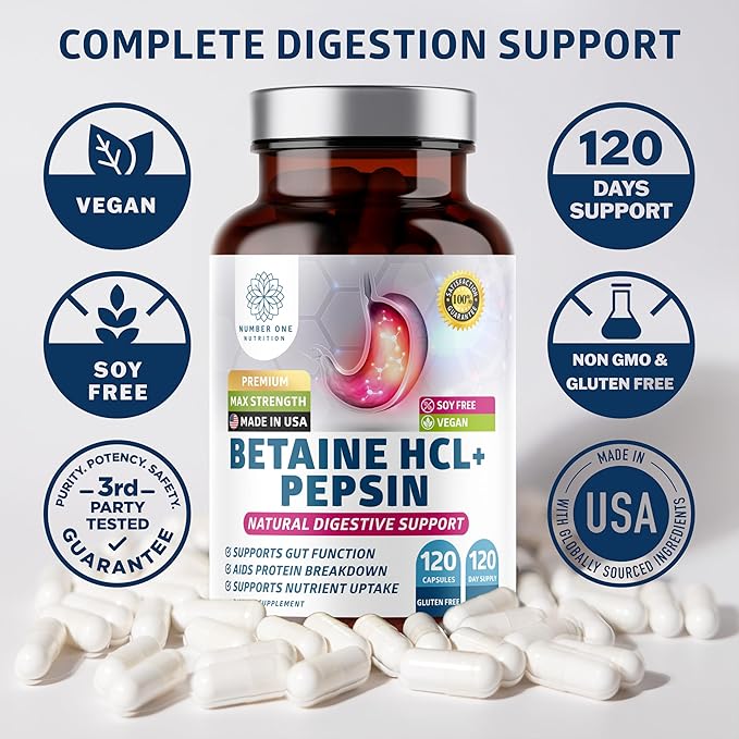 Number One Nutrition Premium Betaine Hydrochloride Enzymes Supplement with Pepsin Helps Support Protein Breakdown and Nutrient Absorption 120 Caps
