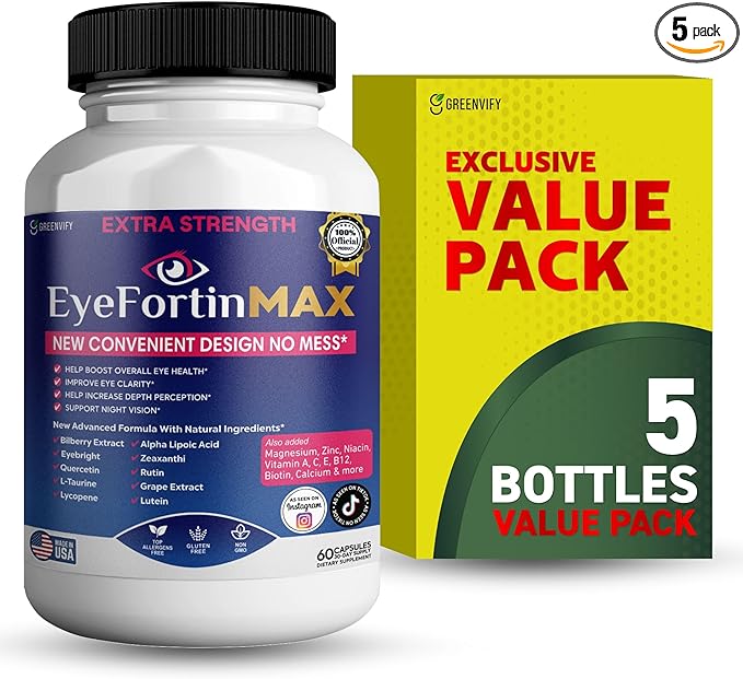 EyeFortin MAX Eye Health Supplement 60 Capsules Extra Strength with Lutein Vitamins A C E B12 Bilberry Extract 30 Day Supply (5)