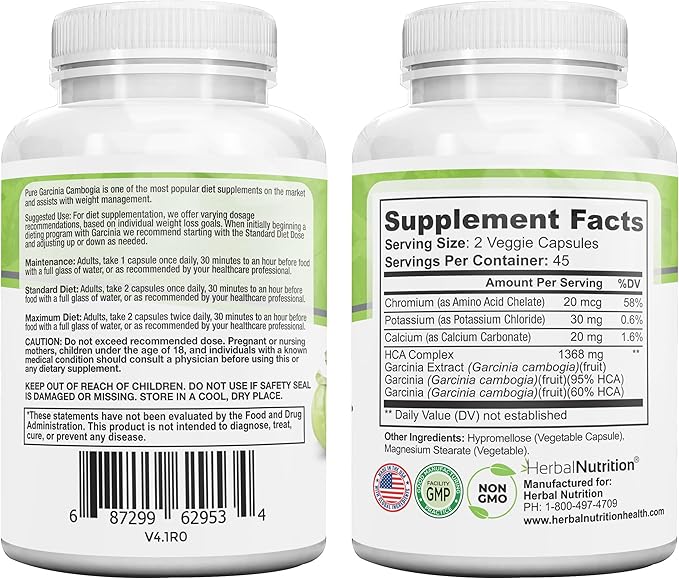 Herbal Nutrition Garcinia Cambogia for Weight Management and Kidney Stone Management 2 90 Count Bottles 180 Capsules 60% and 95% HCA Blend Dosing 700mg - 2400mg