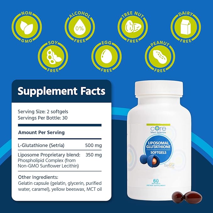 Core Med Science Liposomal Glutathione Supplement (500mg 60 Capsules) - Pure Reduced Setria with Phospholipid Complex - Antioxidant Supplement for Energy Brain Health Skin &amp Liver Health