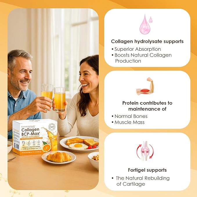Rawleigh Collagen BCP-Max: 30 Travel Friendly Sachets - Delicious Orange-Flavoured Concentrate 10000mg of Hydrolysed Types I &amp III Collagen Peptides Vitamin C for Hair Skin Nails Muscles GMO-