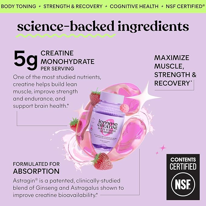 Lemme Creatine Monohydrate Gummies for Women and Men 5g Dose to Support Lean Muscle Strength Recovery Cognitive Health w/Ginseng for Absorption Sour Strawberry NSF Certified 60 Gummies