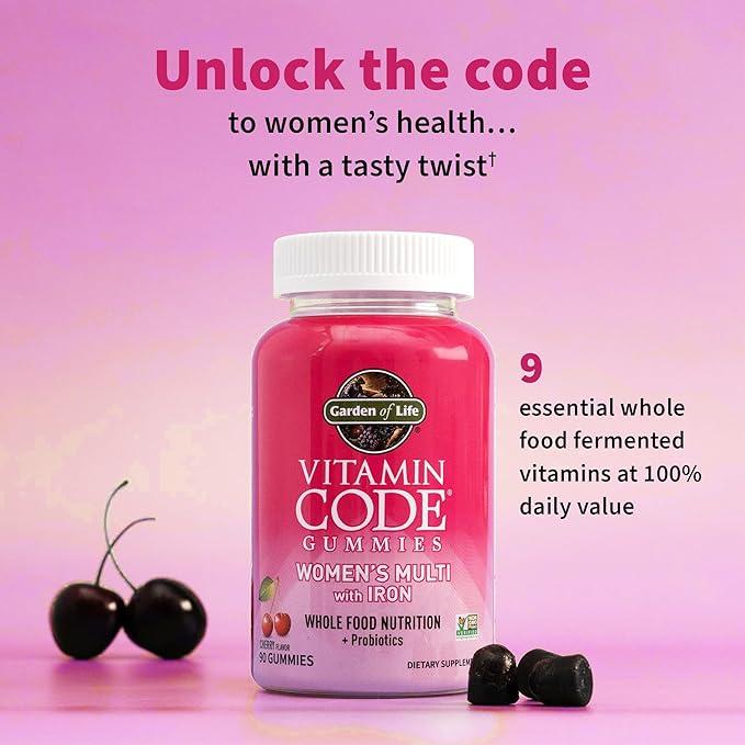 Garden of Life Vitamin Code Women’s Multivitamin Gummy with Iron: Folate Biotin D3 &amp B12 for Hair Skin &amp Nails + Probiotics for Immune Health &amp Digestion Non-GMO Gluten-Free 90 Cherr